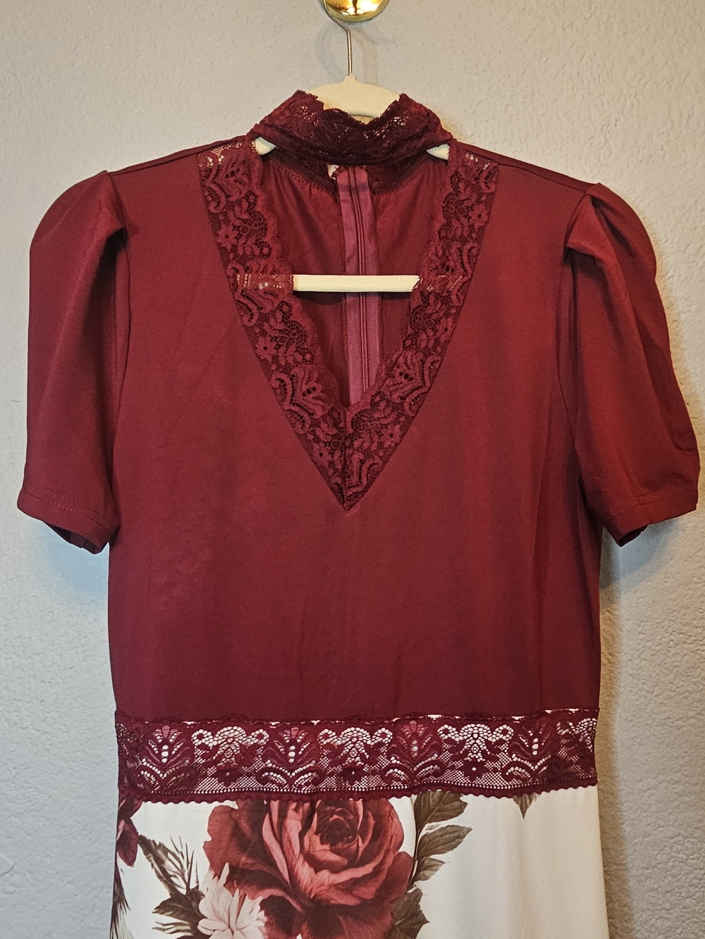Burgundy Ivory Floral Lace High Low Maxi Dress Small Romantic Boho